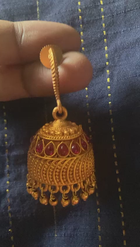 Traditional Antique Gold Plated Jhumka Earrings with Red Stones