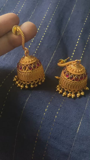 Traditional Antique Gold Plated Jhumka Earrings with Red Stones