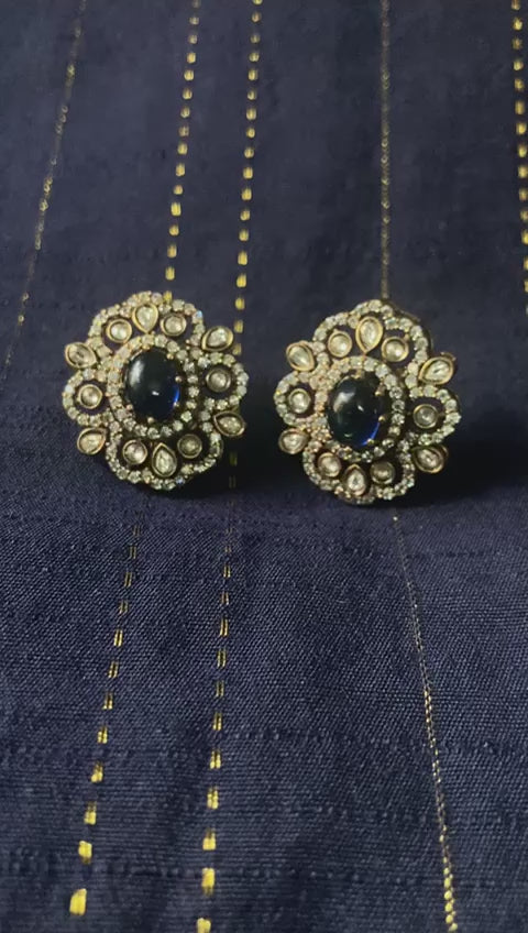 Beautiful Premium Antique Finish CZ Stone Big Stud Earrings - 1 Pair
