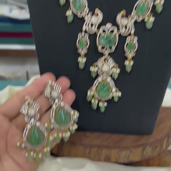 Classic Victorian Bridal Choker and Long Necklace with Earrings- Green