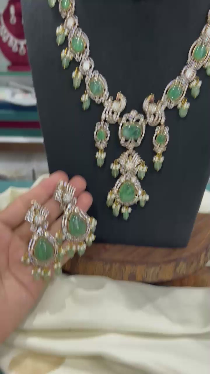 Classic Victorian Bridal Choker and Long Necklace with Earrings- Green