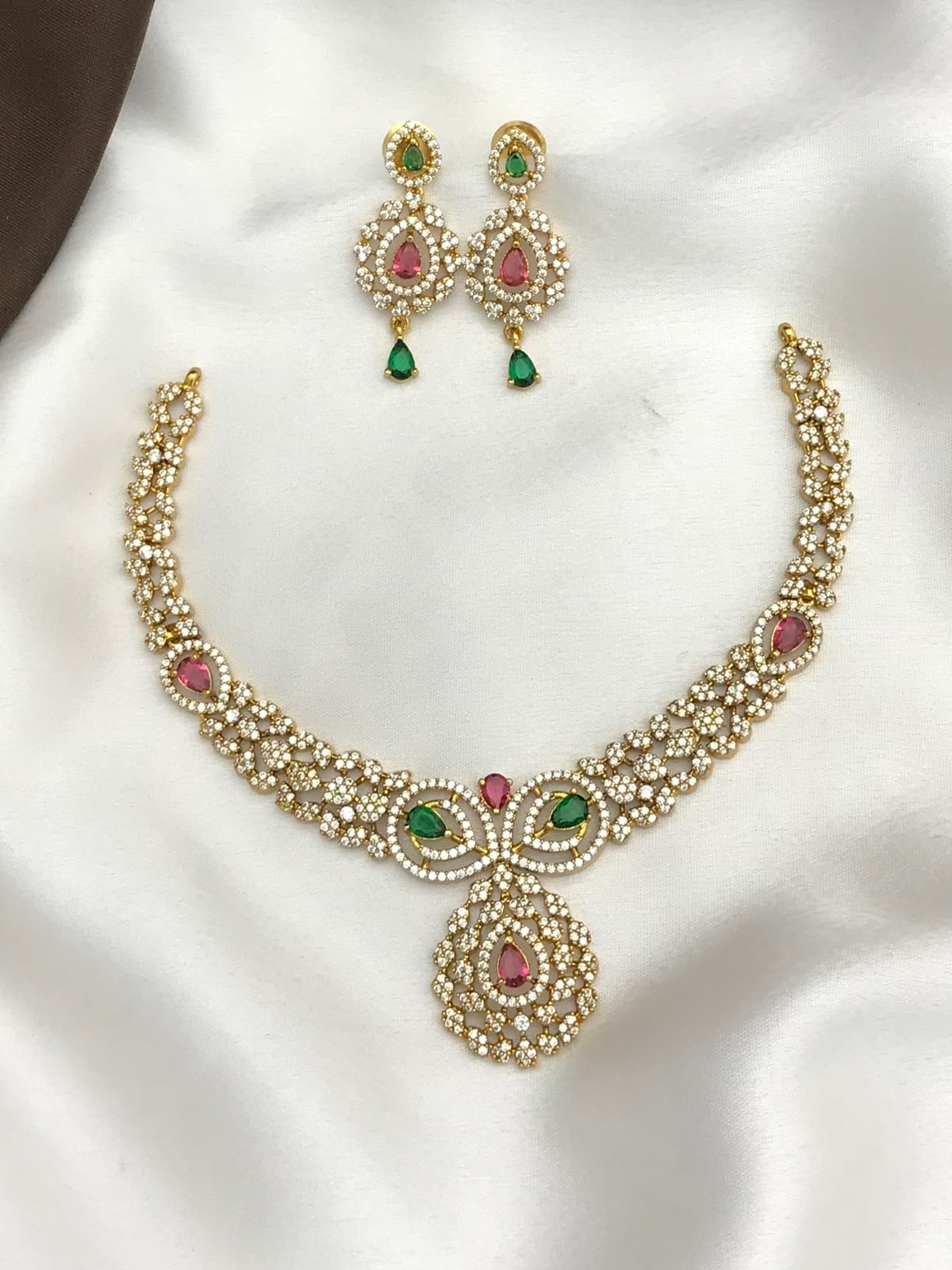 Cute 2Line Matte Finish Cz Necklace with Earrings- Choose Color