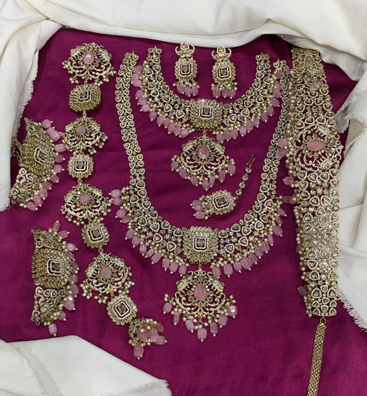 Elegant Victorian Finish Full Bridal Set Haram Necklace Set with Earrings -Pink