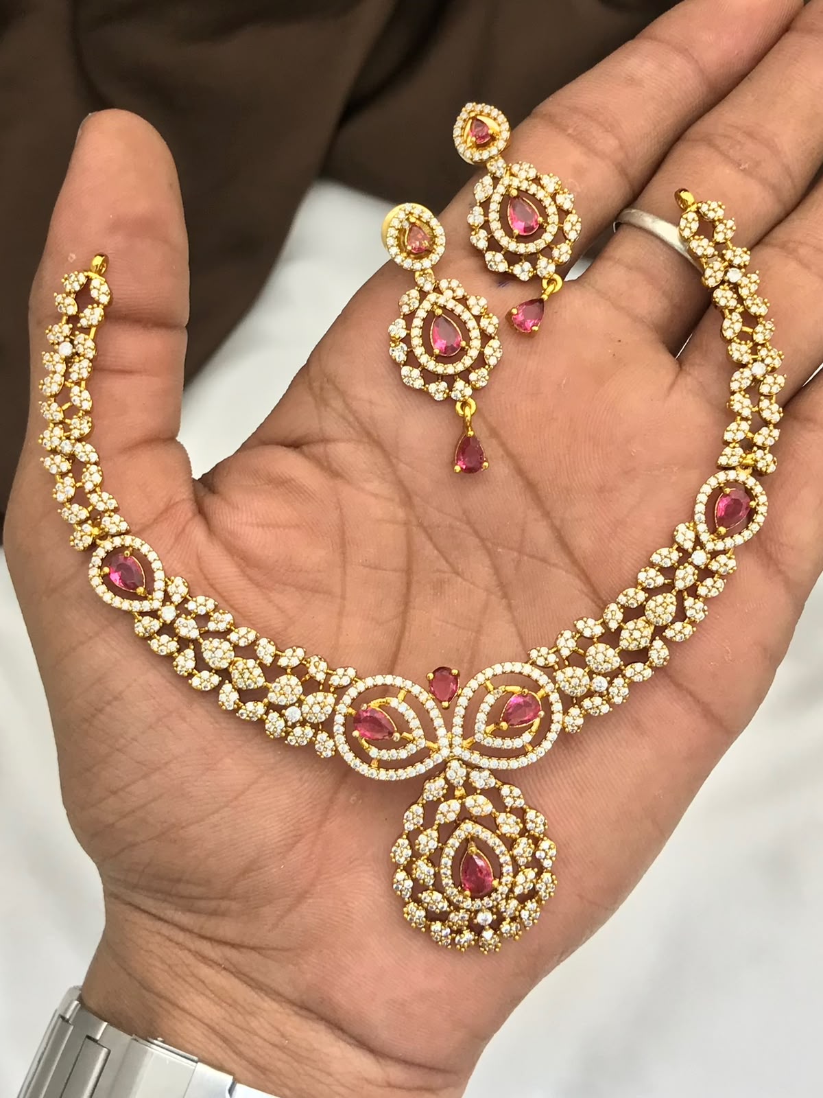 Cute 2Line Matte Finish Cz Necklace with Earrings- Choose Color