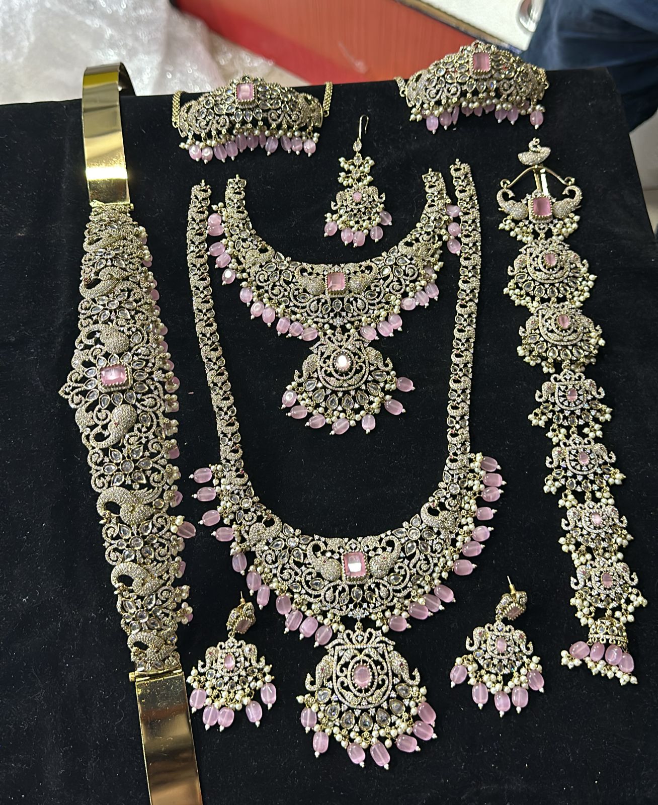 All New Elegant Victorian Finish Full Bridal Set Haram Necklace Set with Earrings - Pink