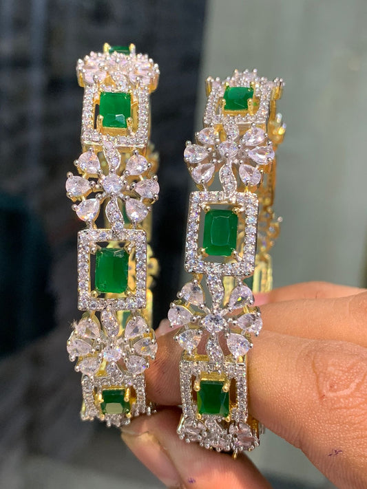 Premium GJ polish Cz Stone Bridal Bangles set of 2-Party Wear jewelry- Green
