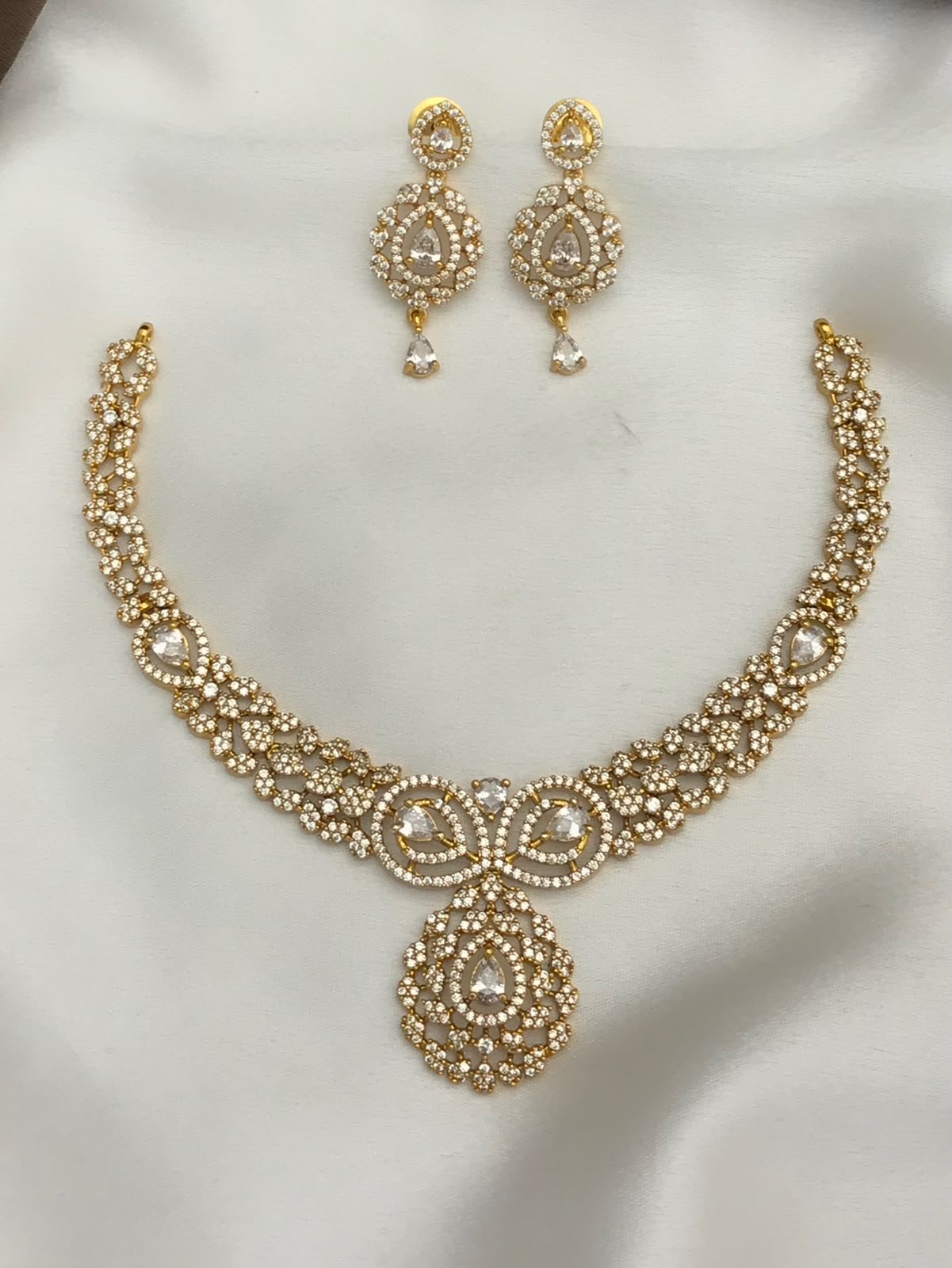 Cute 2Line Matte Finish Cz Necklace with Earrings- Choose Color