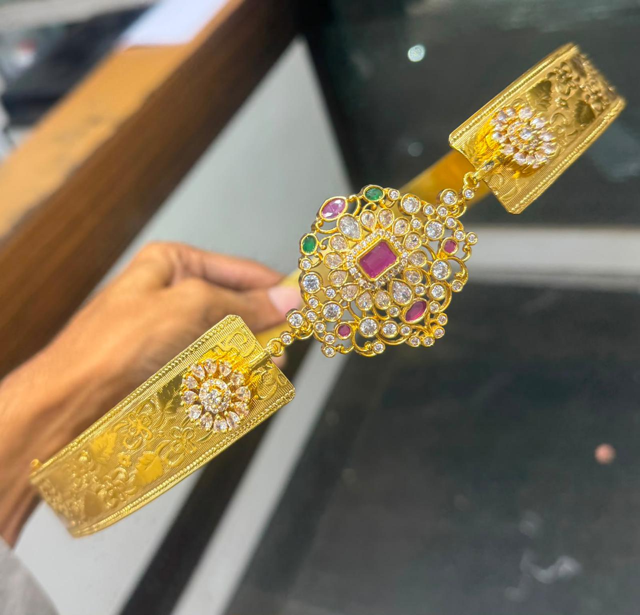 Traditional Premium Matte finish GajaLakshmi Hipbelt with Green Monalisa Beads- Temple Jewelry