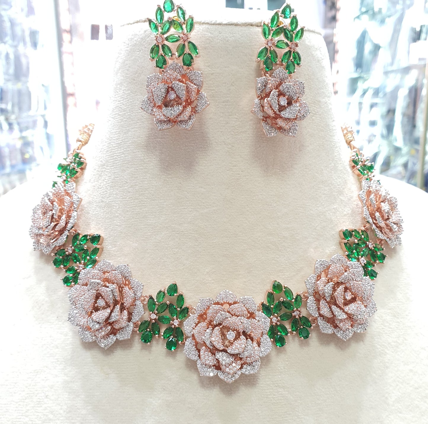 Amazing Flower Design American Diamond Stone Necklace Set with Earrings- RoseGold