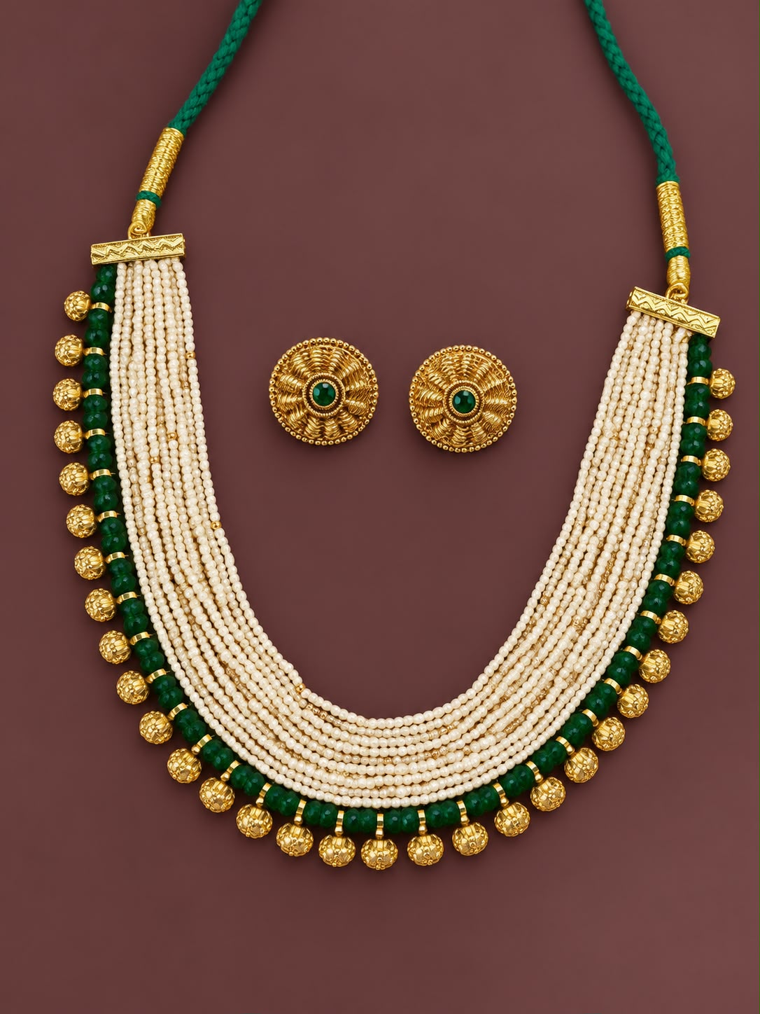Beautiful Sugarbeads Necklace Set with Earrings-Green-Premium Finish