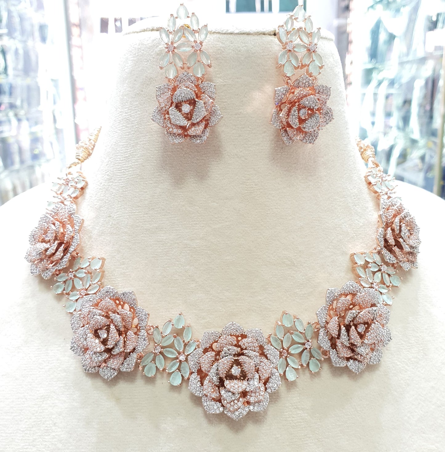 Amazing Flower Design American Diamond Stone Necklace Set with Earrings- RoseGold