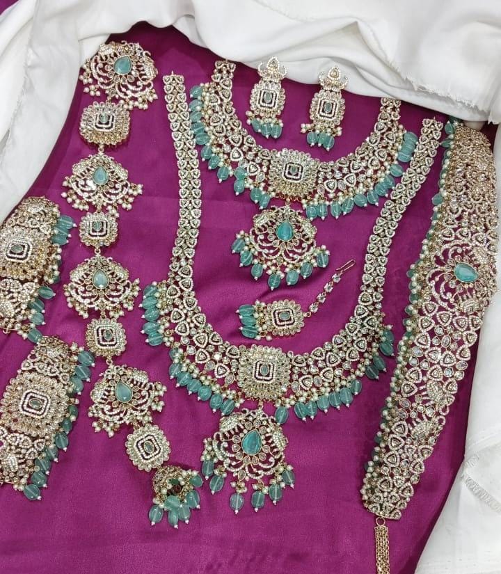 Elegant Victorian Finish Full Bridal Set Haram Necklace Set with Earrings- Blue