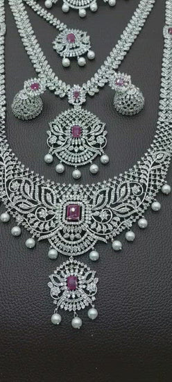 Exclusive Premium Quality CZ stone Full Bridal Set Haram Necklace Set with Earrings  and Tikka - Pink