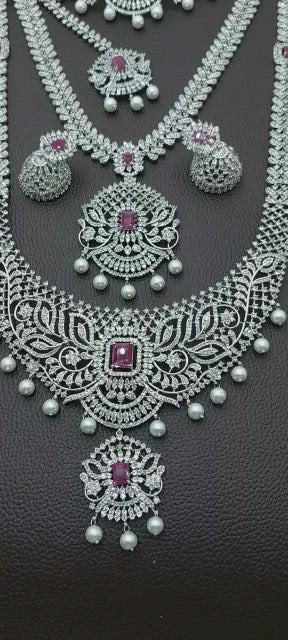 Exclusive Premium Quality CZ stone Full Bridal Set Haram Necklace Set with Earrings  and Tikka - Pink