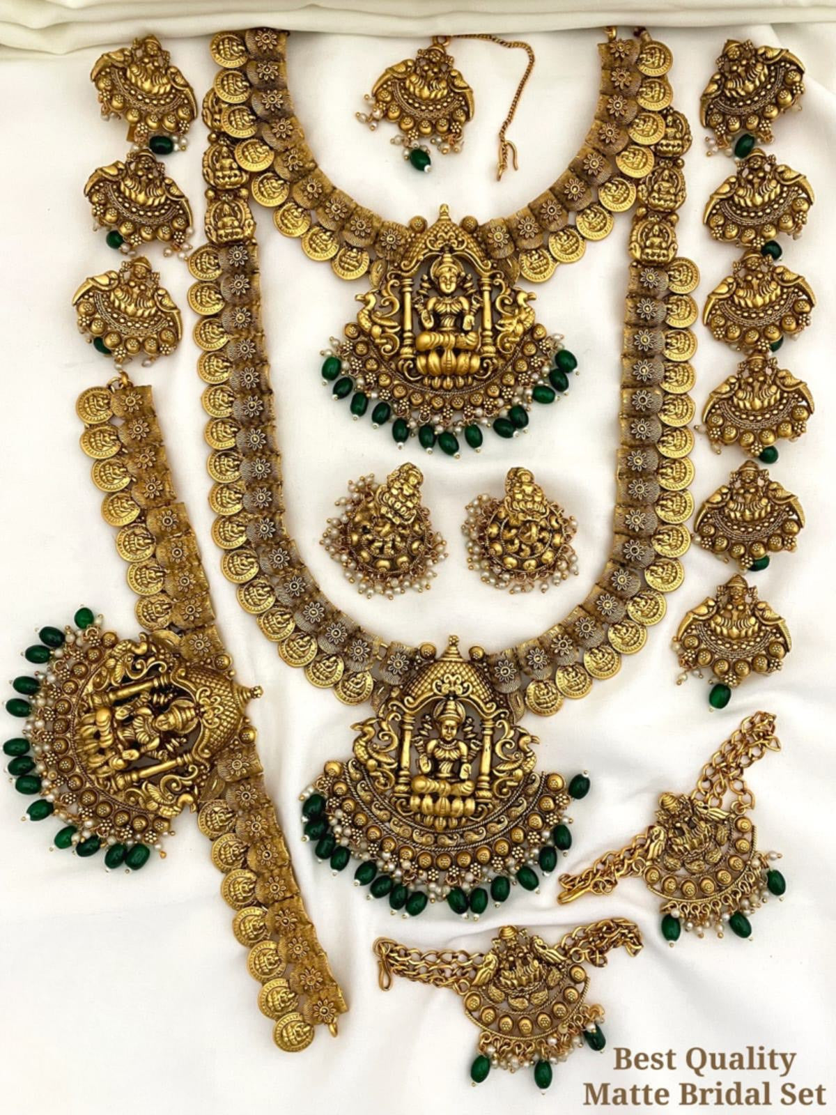 Beautiful Temple Jewelry Matte Full Bridal Set Haram Necklace Set with Earrings With kemp stones Lakshmi Motif