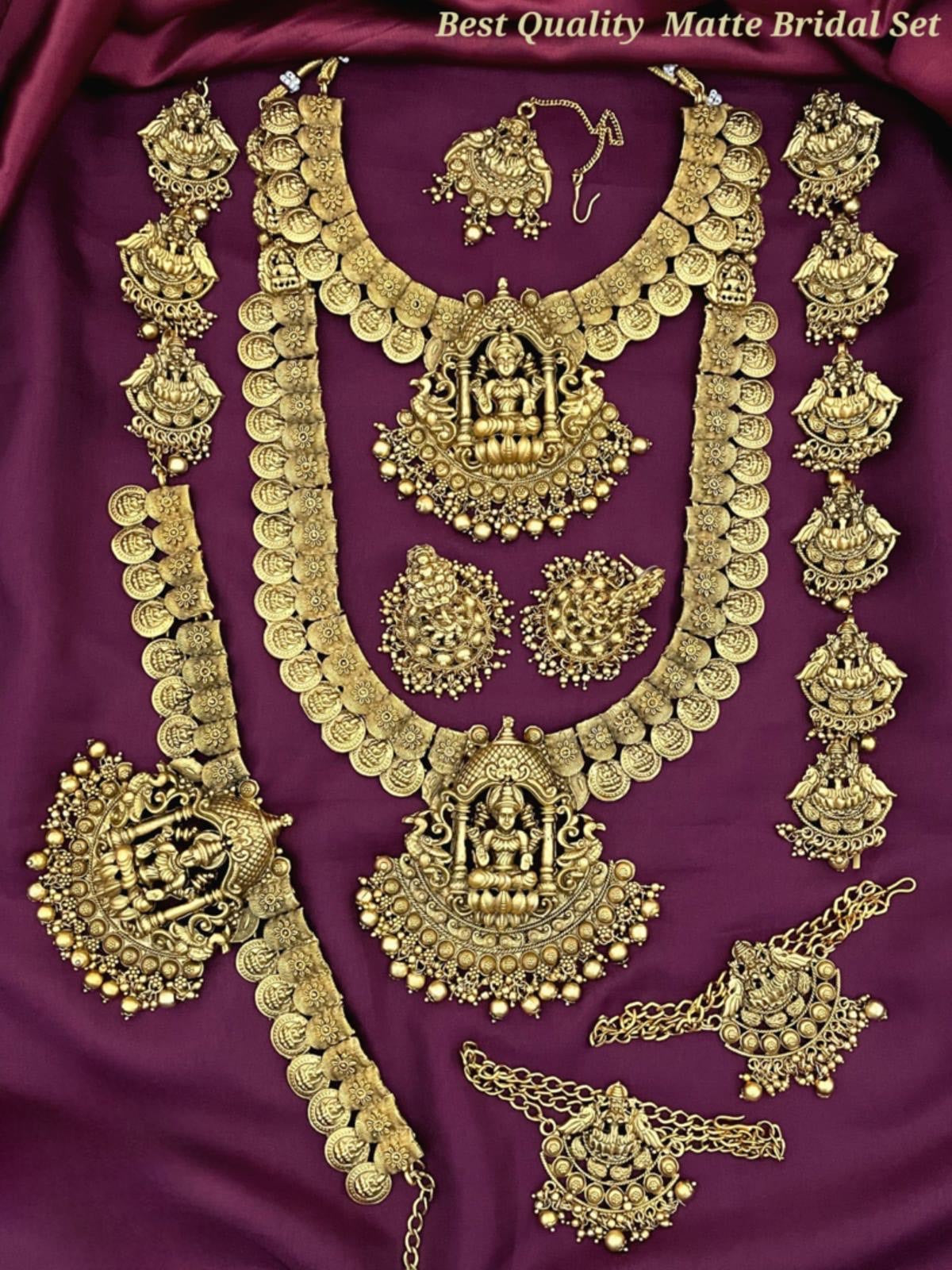 Beautiful Temple Jewelry Matte Full Bridal Set Haram Necklace Set with Earrings With kemp stones Lakshmi Motif