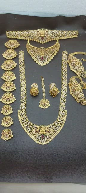 Premium quality Temple Jewelry CZ Stone Bridal Set Haram Necklace Set with Earrings Lakshmi Coin Design