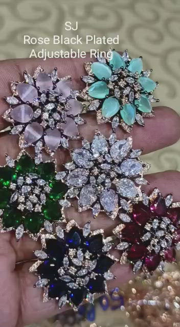 Partywear Adjustable Cocktail Rings Designer Premium quality American Diamond Jewelry-Victoria Black polish