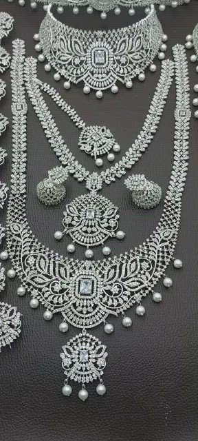 Exclusive Premium Quality CZ stone Full Bridal Set Haram Necklace Set with Earrings  and Tikka - White