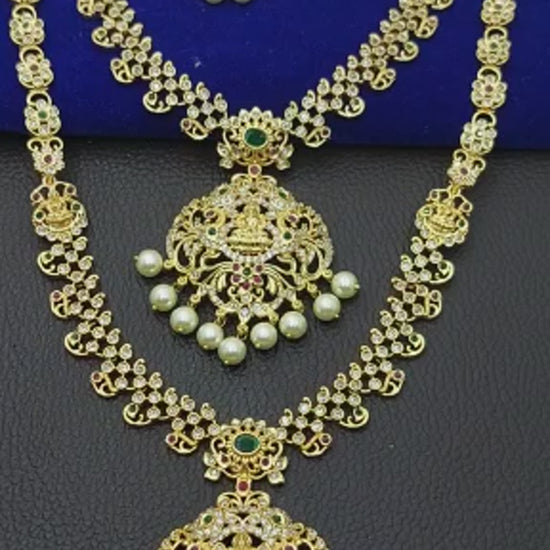 Classic Temple Jewelry Bridal Set - CZ American Diamond Stone Jewelry Haram Long Necklace Set with Earrings