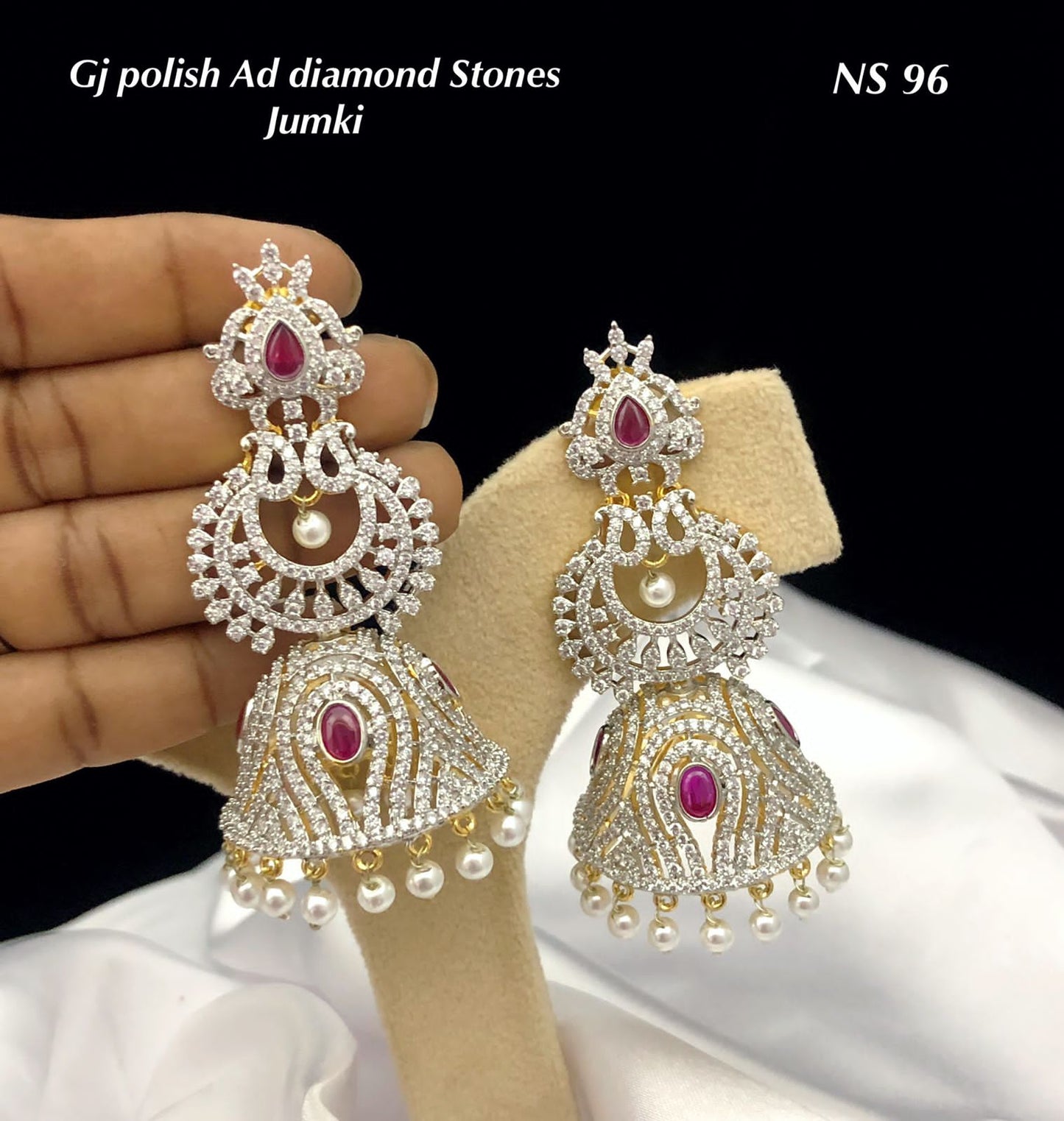 Super-cute Classy Cz stone GJ polish Chandbali Jhumkas - Pink