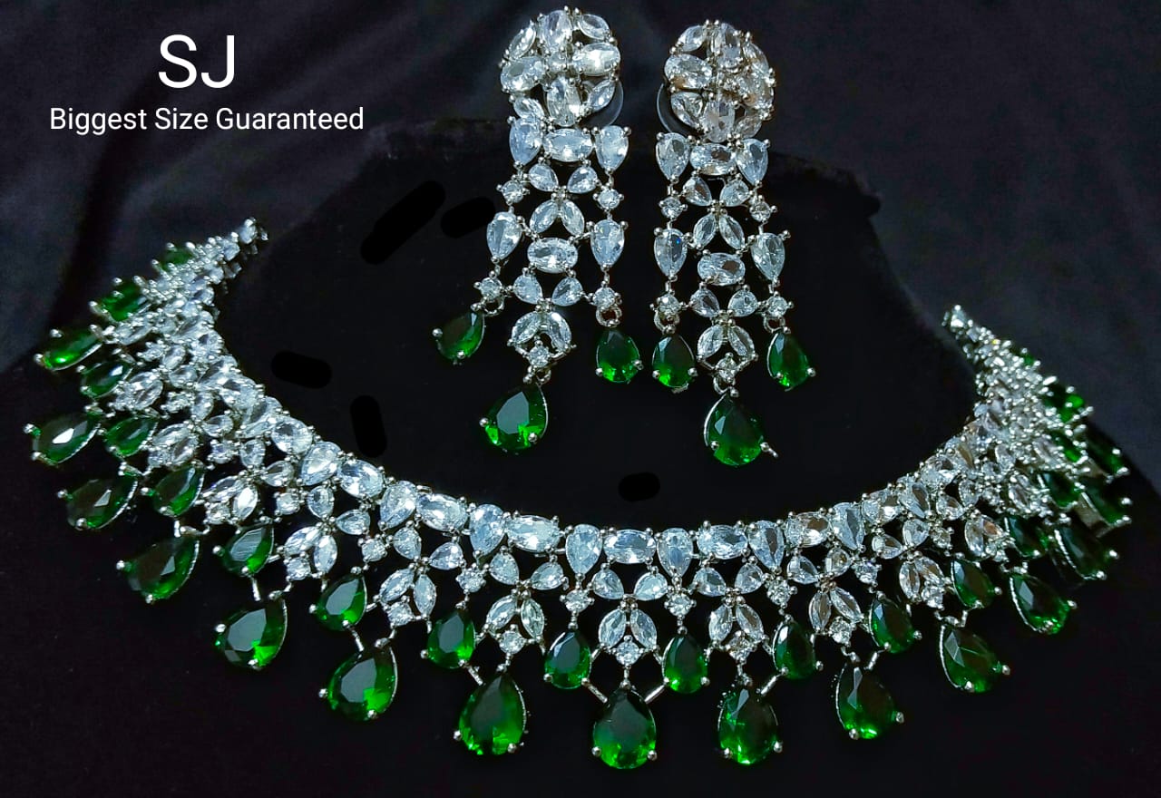 Beautiful American Diamond Necklace Set with Earrings-Green, Silver polish