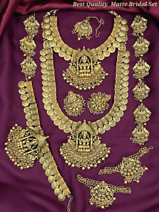 Beautiful Temple Jewelry Matte Full Bridal Set Haram Necklace Set with Earrings With kemp stones Lakshmi Design