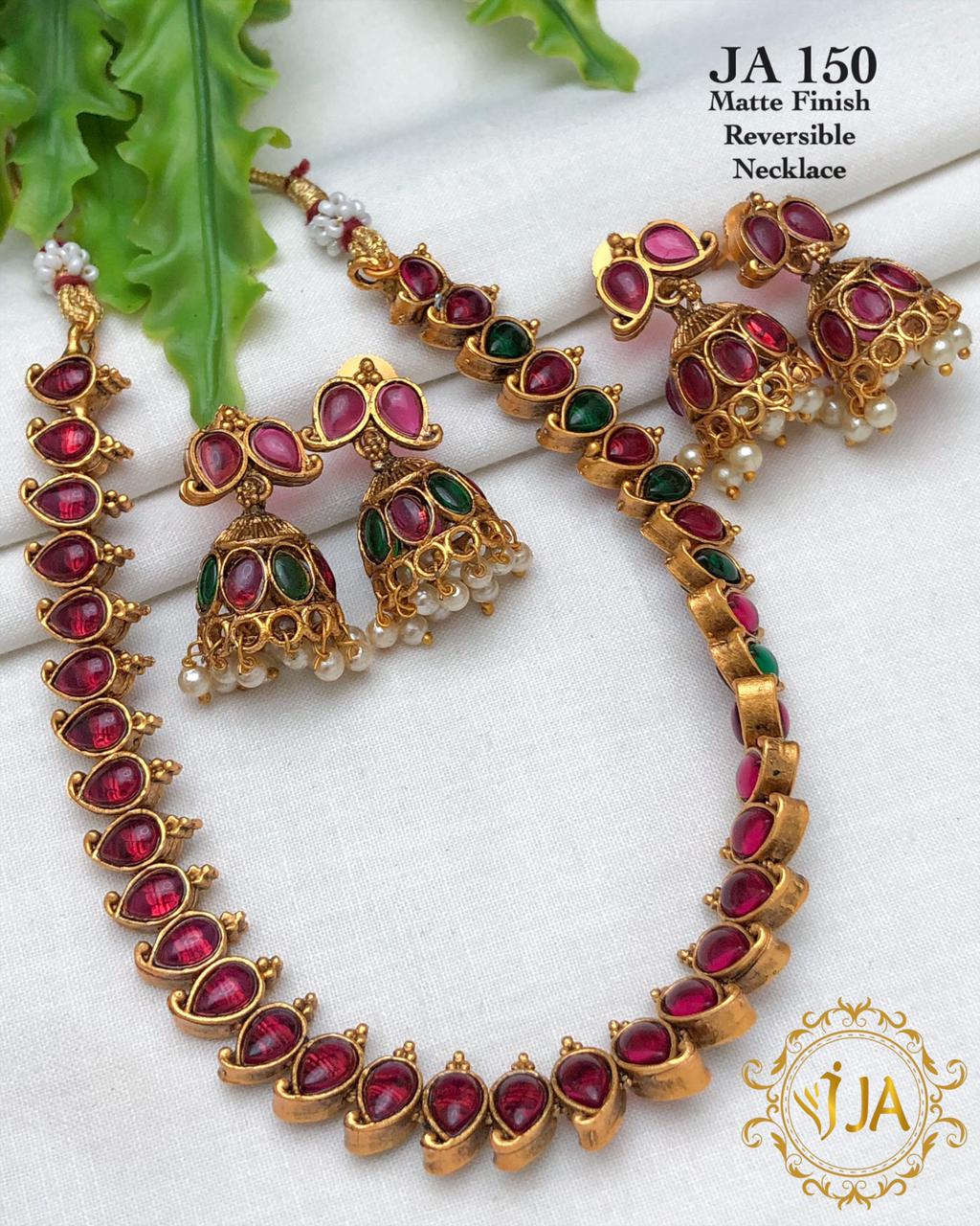 Two in 1 Reversible Matte Finish Necklace with 2 pairs of Jhumkas- Red, Multi