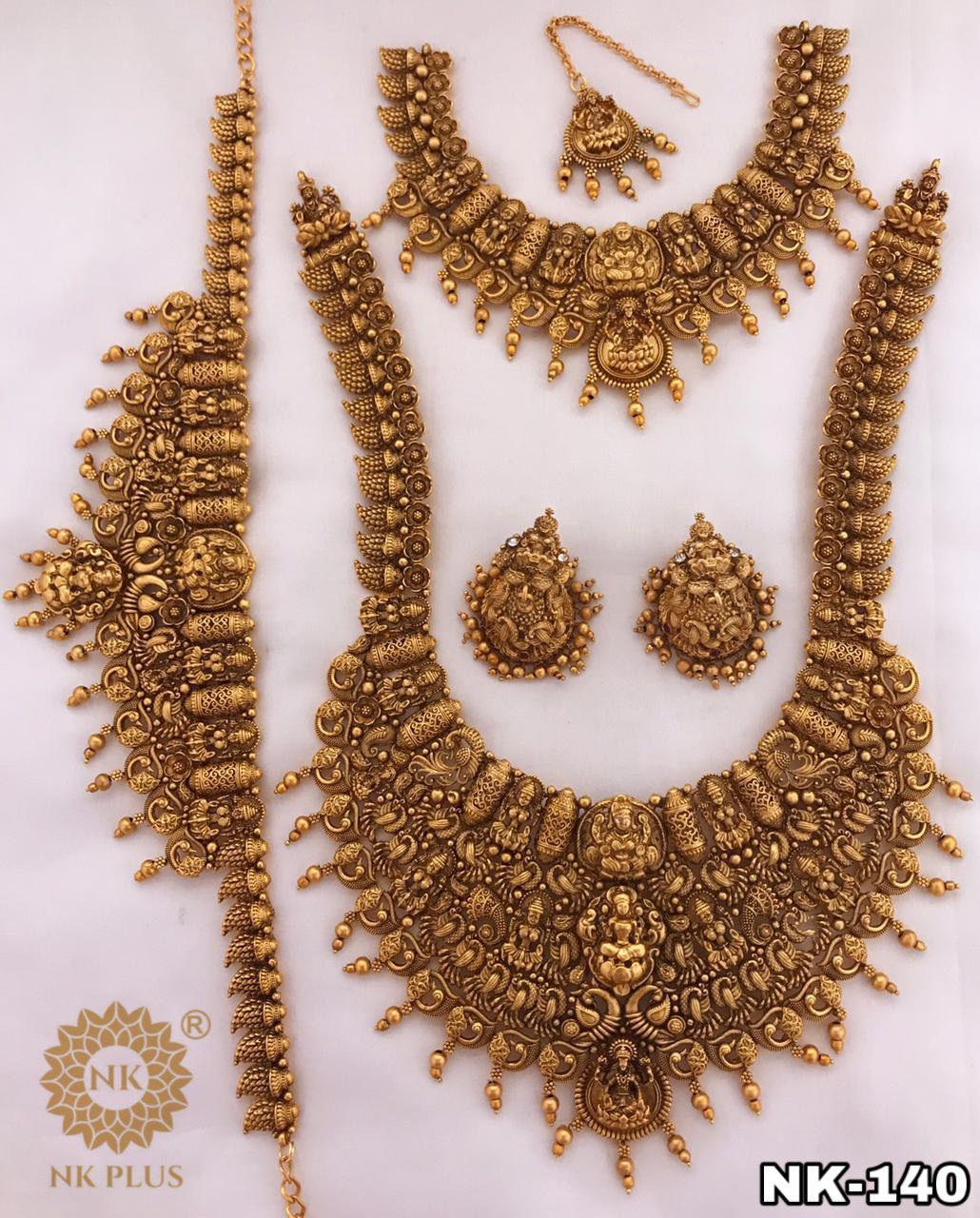 Trendy Design Temple Jewelry-Heavy Bridal Matte Necklace Combo Set with Earrings and tikka
