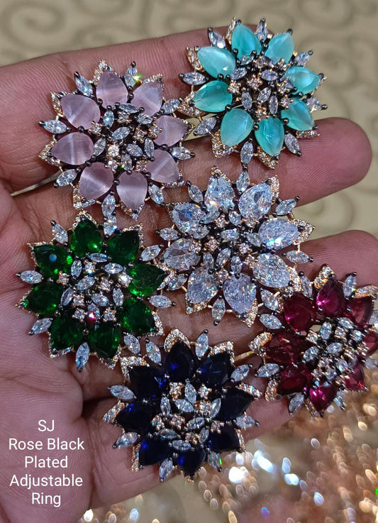 Partywear Adjustable Cocktail Rings Designer Premium quality American Diamond Jewelry-Victoria Black polish