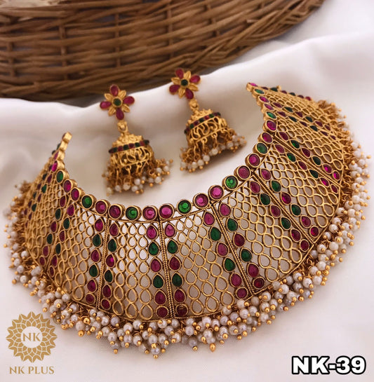 New arrivals Partywear Choker Necklace set with Jhumkas- Red and Green with White beads