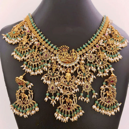 All New Dhasavatar Antique Finish Temple Jewelry Guttapusalu Necklace Set with Earrings- Green