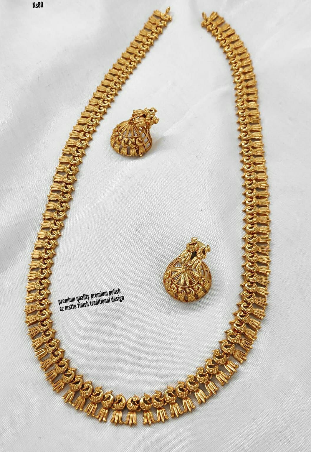 Premium Designer Matte Finish Haram Long Necklace Set with Jhumka- Peacock