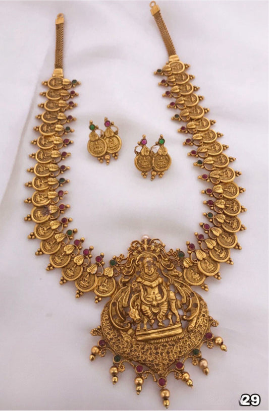 Trendy Matte Temple Jewelry Krishna Coin Necklace Set with Earrings
