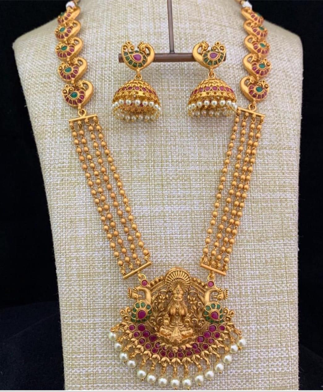 Trendy Matte Temple Jewelry Lakshmi Haram Necklace Set with Earrings
