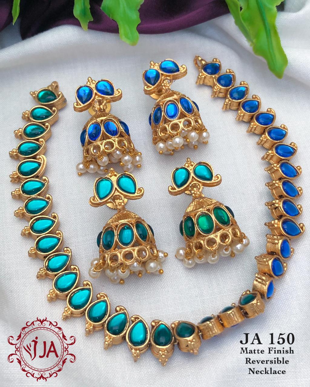 Two in 1 Reversible Matte Finish Necklace with 2 pairs of Jhumkas- Blue, Green
