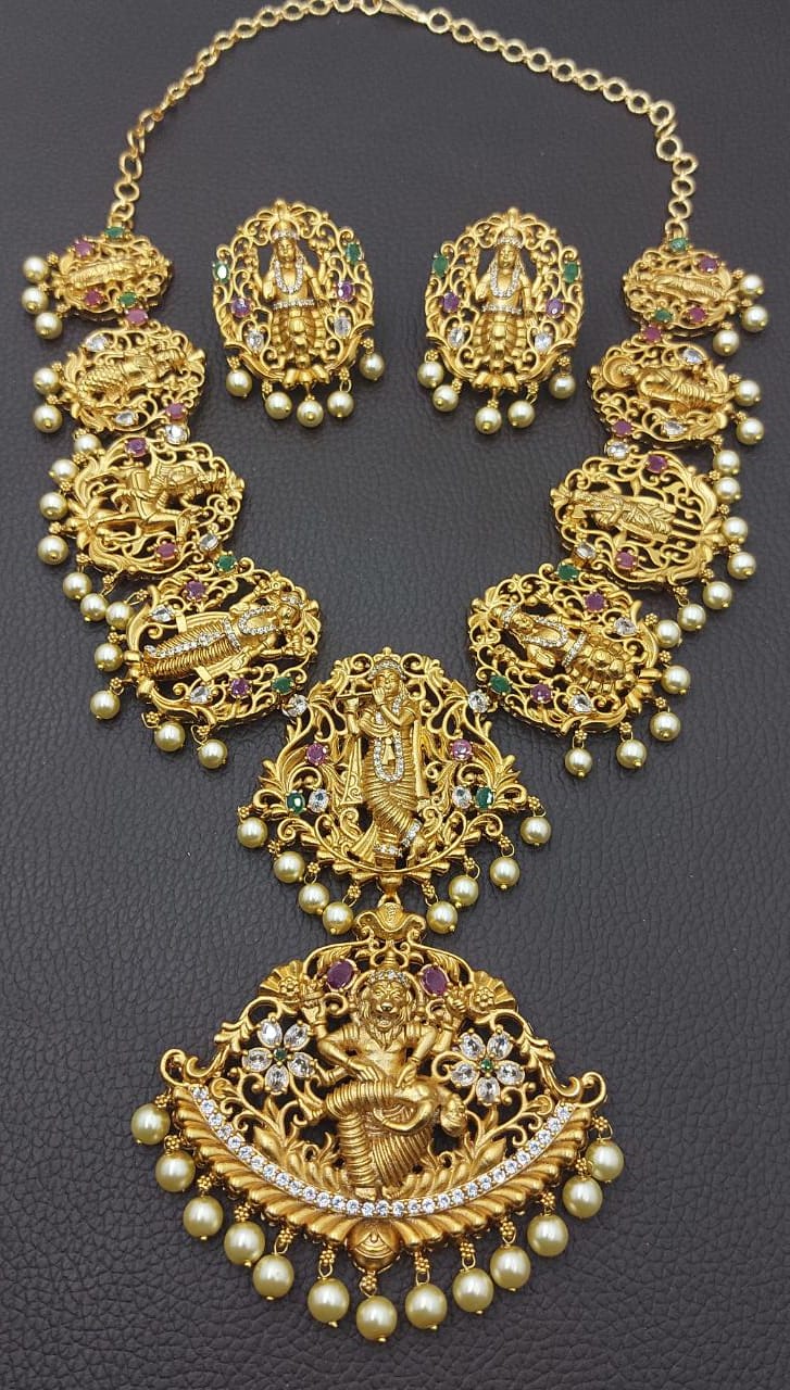 New Dhasavatar Temple Jewelry Stone Necklace Set with Earrings