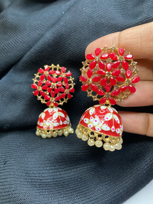 Zuccii Exclusive-Pretty, Stylish Fashion Jewelry Meenakari Jhumkas- Red Earrings