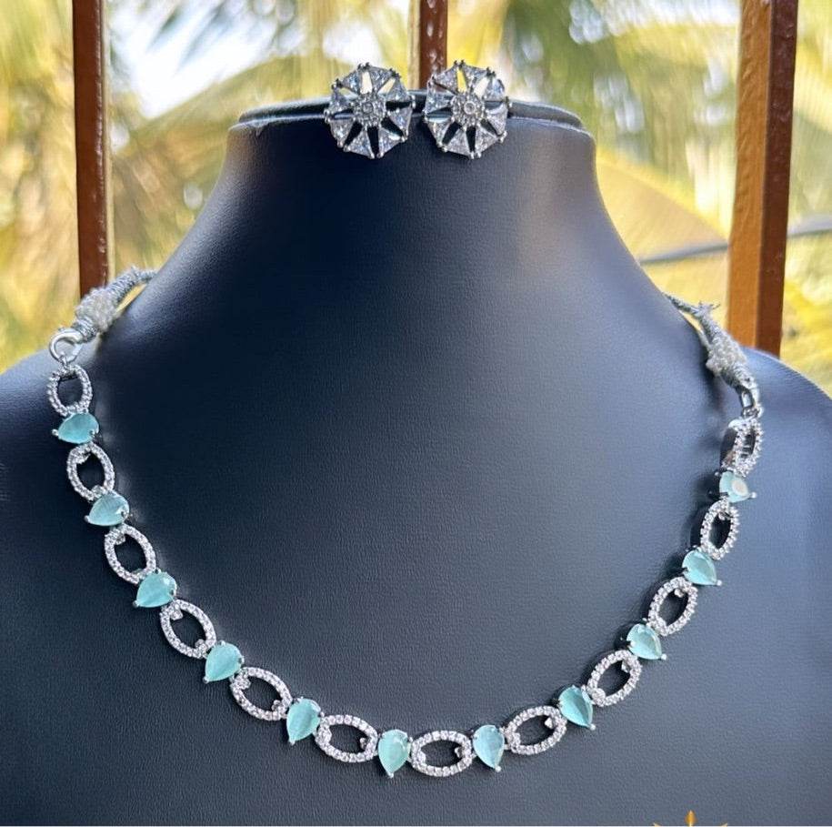 Sleek American Diamond Necklace with Earrings -Silver polish