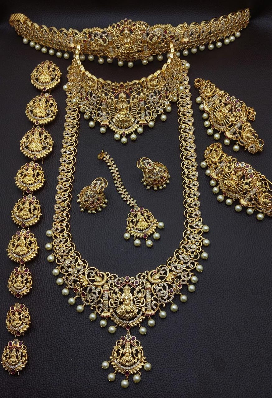 Premium quality Temple Jewelry CZ Stone Bridal Set Haram Necklace Set with Earrings Lakshmi Design