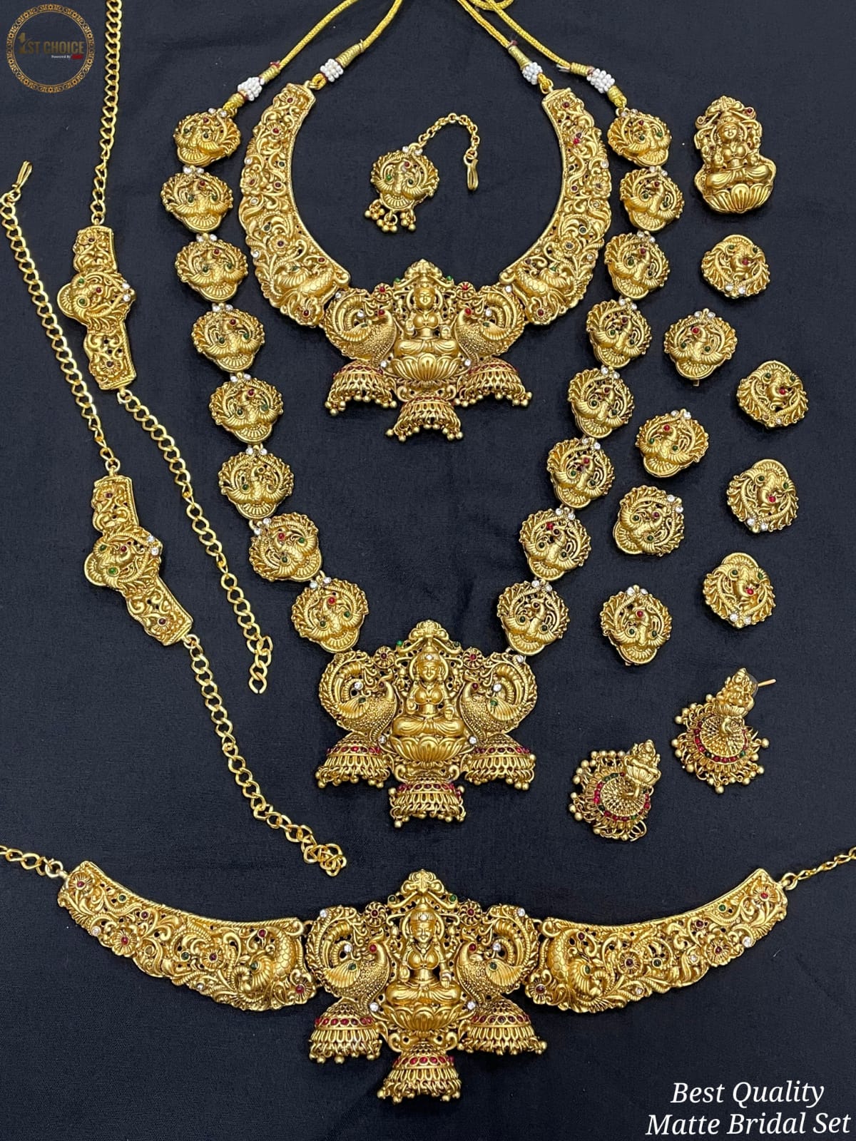 Beautiful Temple Jewelry Matte Full Bridal Set Haram Necklace Set with Earrings -Lakshmi Design