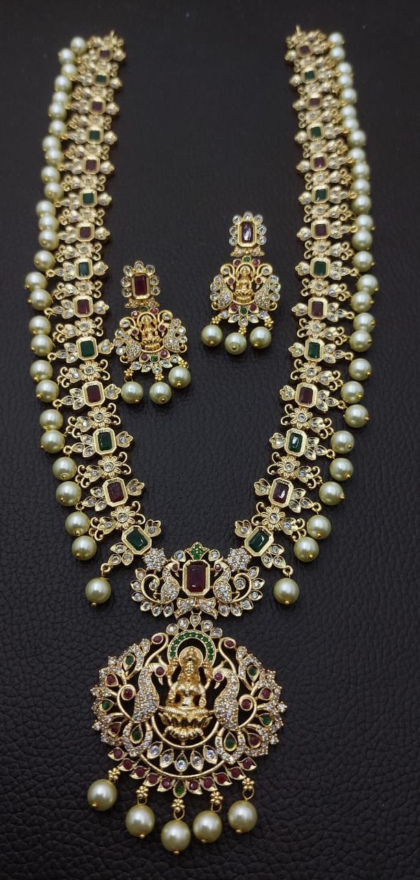 Exquisite Designer Temple Jewelry Haram Long Necklace Set with Earrings Lakshmi Design-Red and Green