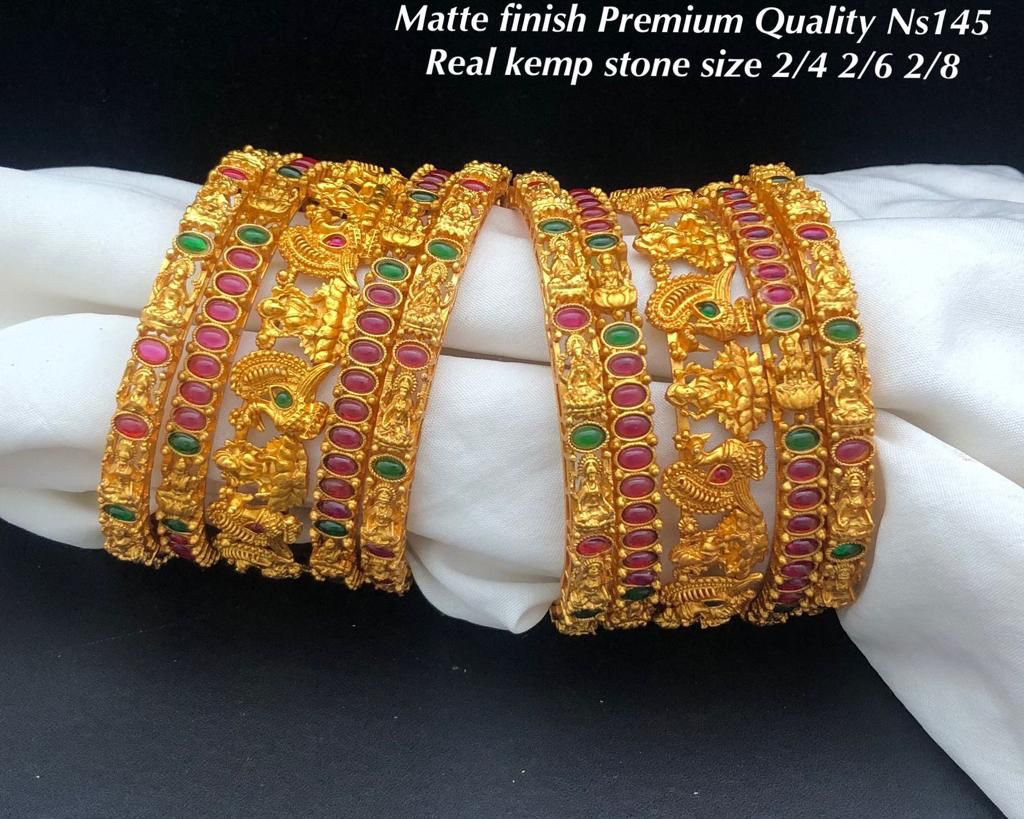 Designer Wear Kemp Bridal Matte Finish Bridal Lakshmi Bangles set of 10, Party Wear- Temple Jewelry