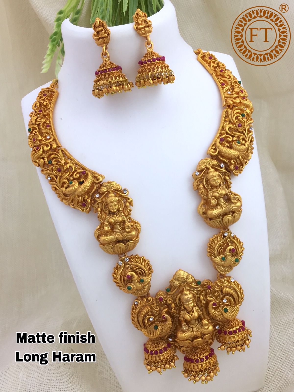 Trendy Matte Temple Jewelry Haram Necklace Set with Earrings and Tikka