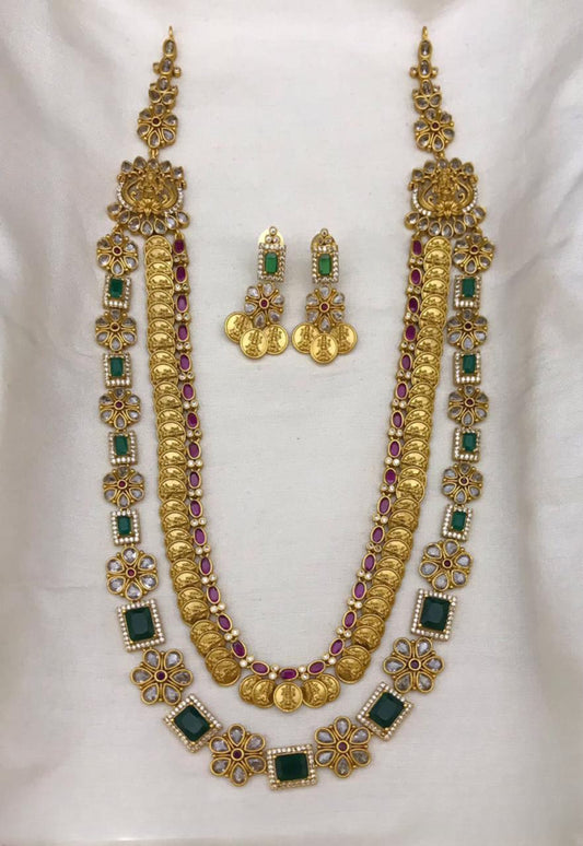 Premium Quality Exquisite Designer Temple Jewelry Coin Haram Long Necklace Set with Earrings Lakshmi Design-Red and Green