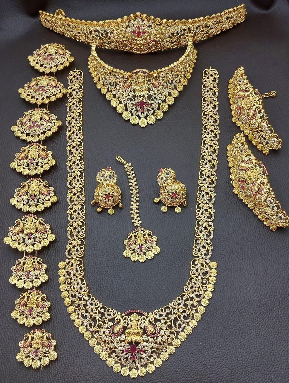 Premium quality Temple Jewelry CZ Stone Bridal Set Haram Necklace Set with Earrings Lakshmi Coin Design