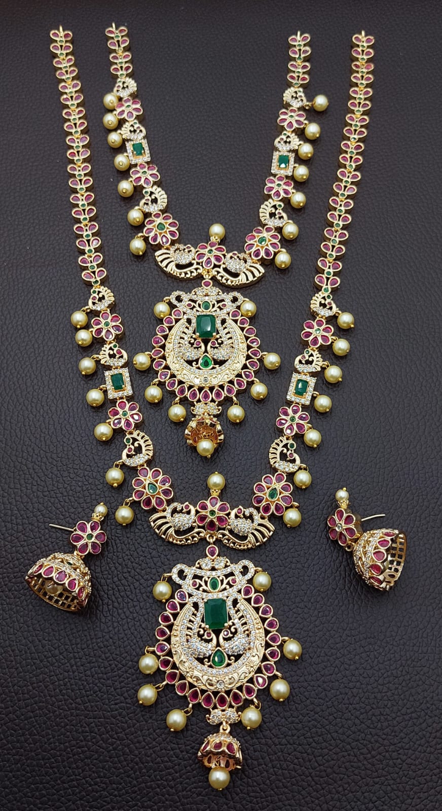 Exquisite, Trending American Diamond Cz Stone Jewelry Long and Short Peacock Necklace Combo Set with Jhumkas
