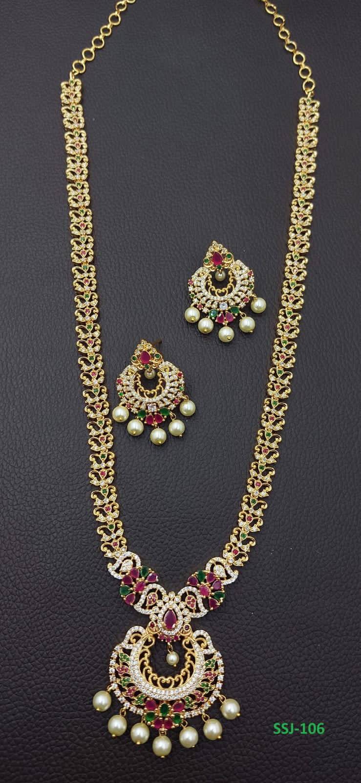 Classic American Diamond Stone Jewelry Haram Long Necklace Set with Chandbali Earrings- Multicolor