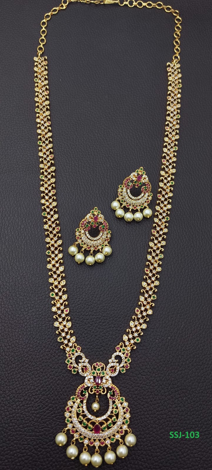 Classic American Diamond Stone Jewelry Haram Long Necklace Set with Chandbali Earrings- Multicolor2