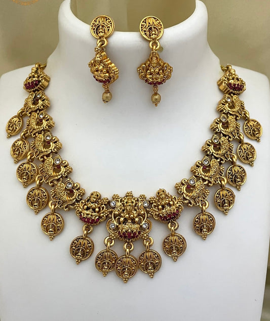 New Peacock Design Matte Finish Lakshmi Coin Necklace Set with Earrings
